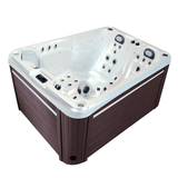 Spa Jacuzzi 3 places Wallis de la marque ZigZag SPA avec habillage en marron et Led en blanc