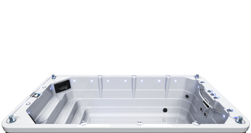 Vue de profil du Spa de nage FIGARI avec tableau de bord Balboa Spa Touch et Led 